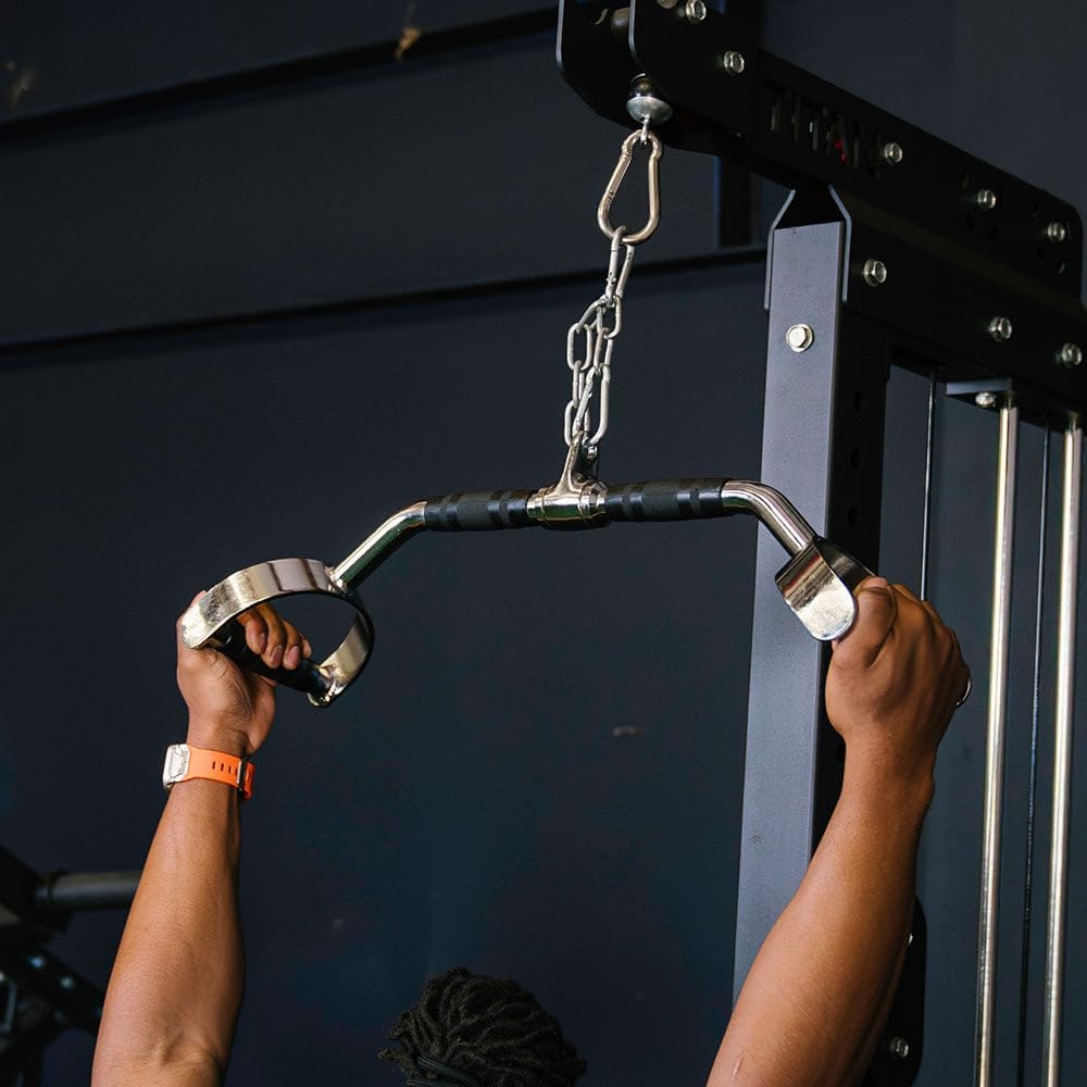 Titan Fitness Pro Duty Lat Pulldown Bar, D-Shaped Ergonomic Attachment, Multiple Grip Options, Stainless Steel Chrome, Knurled Non-Slip Rubber Handles, Revolving Hanger, Home Gym Equipment