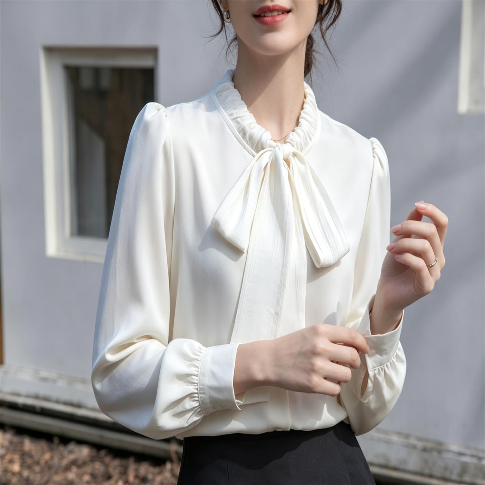 Camicie da donna in raso a maniche lunghe con fiocco, camicia leggera casual elegante per feste, balli scolastici, ufficio, lavoro