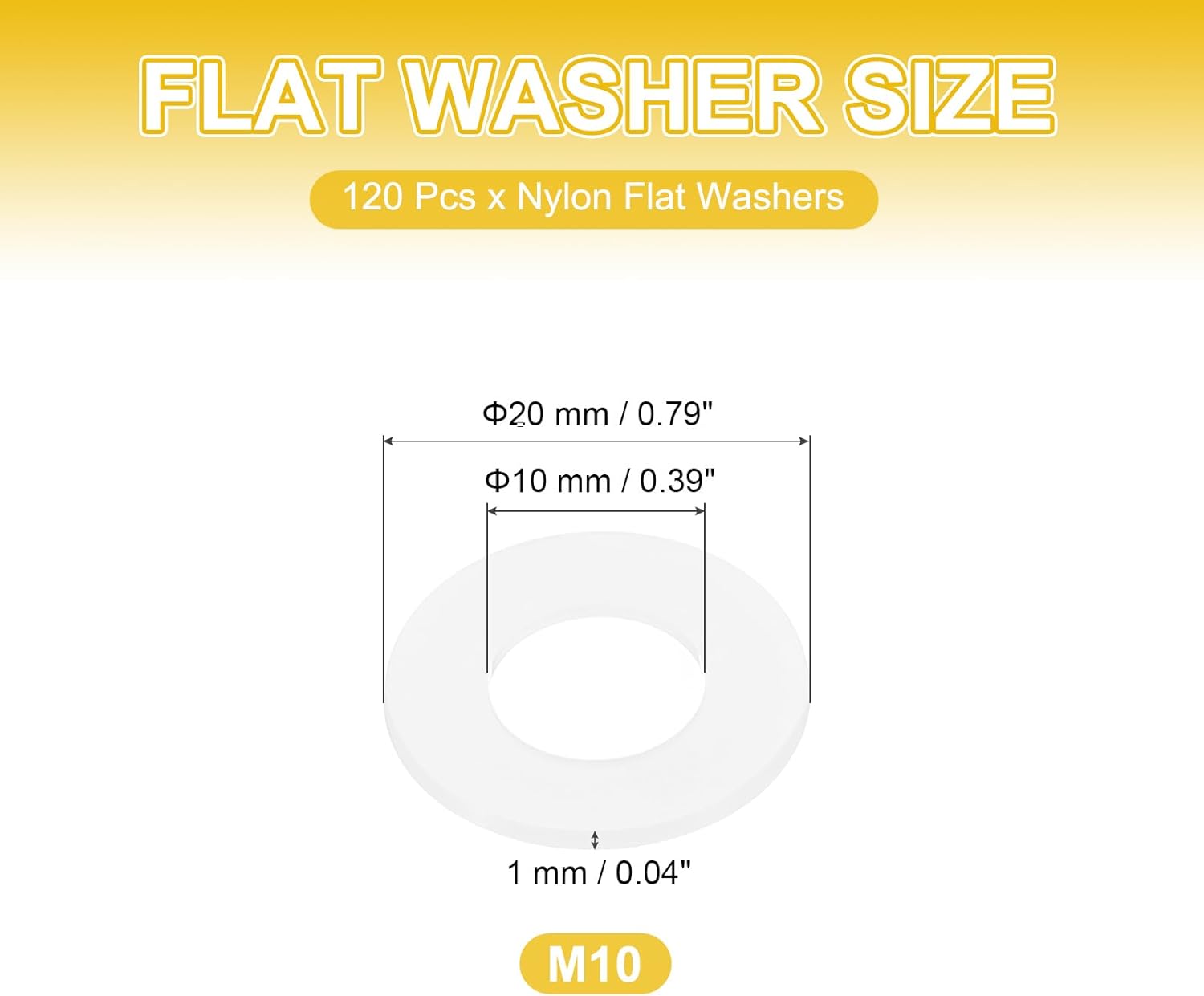 PATIKIL M10 Nylon Flat Washers, 120 Pcs 10mm ID 20mm OD 1mm Thick Plastic Sealing Flat Round Washer Spacer Gaskets Replacement for Plumbing Faucet Hose Fastener Bolt, White