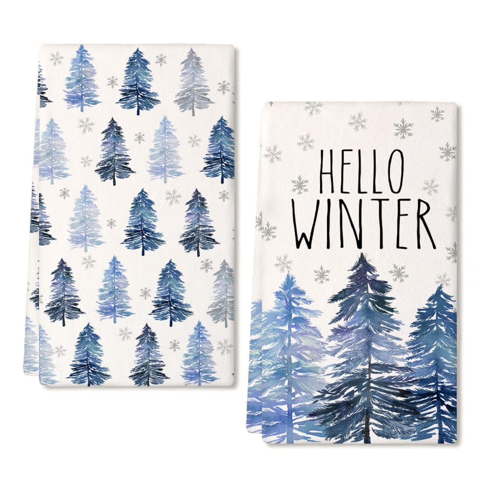 DineDia Hello Winter Kitchen Towels Set of 2,Blue Tree Snowflake Dish Hand Towels Holiday Home Indoor Bathroom Party Seasonal Noel Decorations DD019