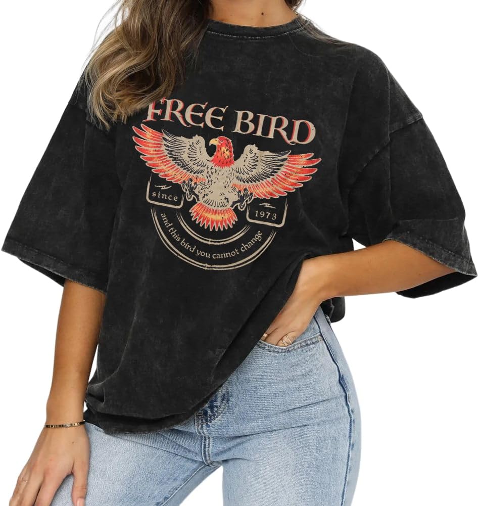 Vintage Rock Band T-Shirts for Women Retro Free Bird Eagle Graphic Country Music Tees Casual Loose Short Sleeve Tops