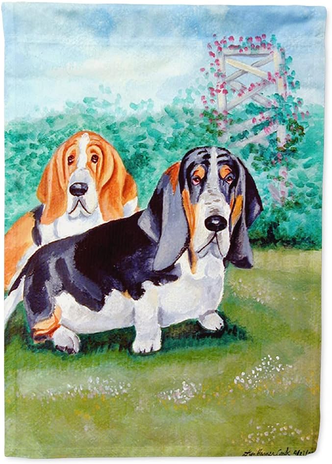 Caroline's Treasures 7061CHF Basset Hound Double Trouble House Flag Large Porch Sleeve Pole Decorative Outside Yard Banner Artwork Wall Hanging, Polyester, House Size, Multicolor