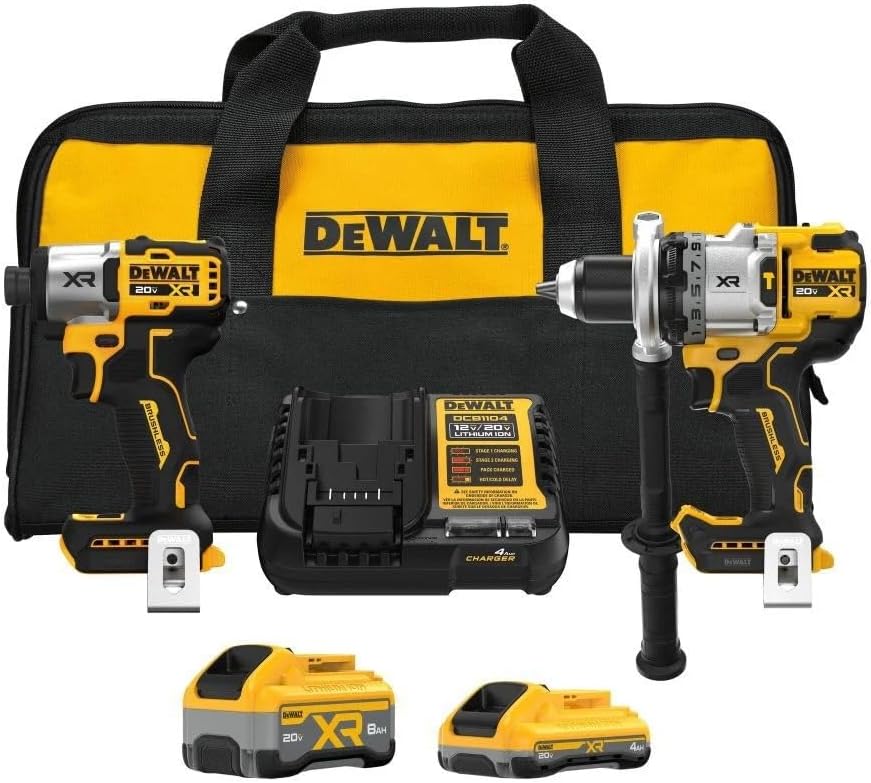 DEWALT DCK2101QQ1WW1 Kit combinado de taladro percutor y destornillador de impacto MAX XR de 20 V, sin escobillas, kit de 2 herramientas con baterías POWERPACK de 4 Ah y 8 Ah, cargador y bolsa de herramientas