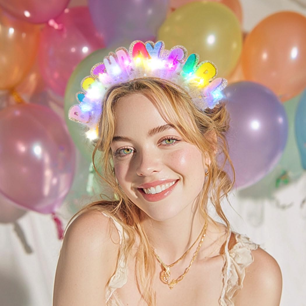 Light Up Birthday Girl Headbands LED Pink Birthday Crown Headpiece Glitter Party Hair Accessories for Women (Gold, One Size) image 5