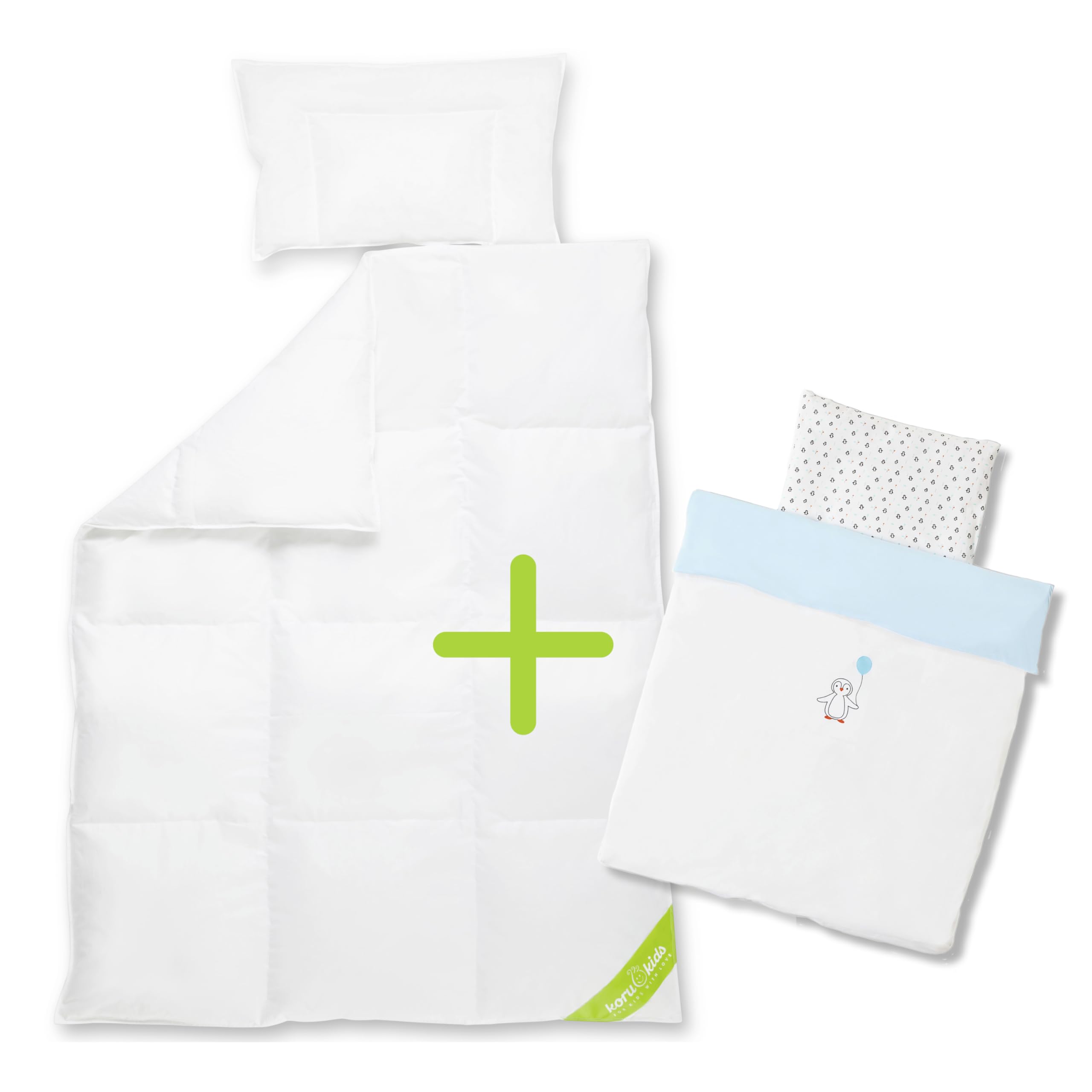 Koru Kids® Premium Kinder Bettdecken-Set - Set mit Pinguin Bettwäsche 100x135 + 40x60 cm - Daunendecke 100x135 cm mit Kissen 40x60 cm - 100% deutsche Daunen – Baby Bettdecke - Kinderbettdecke