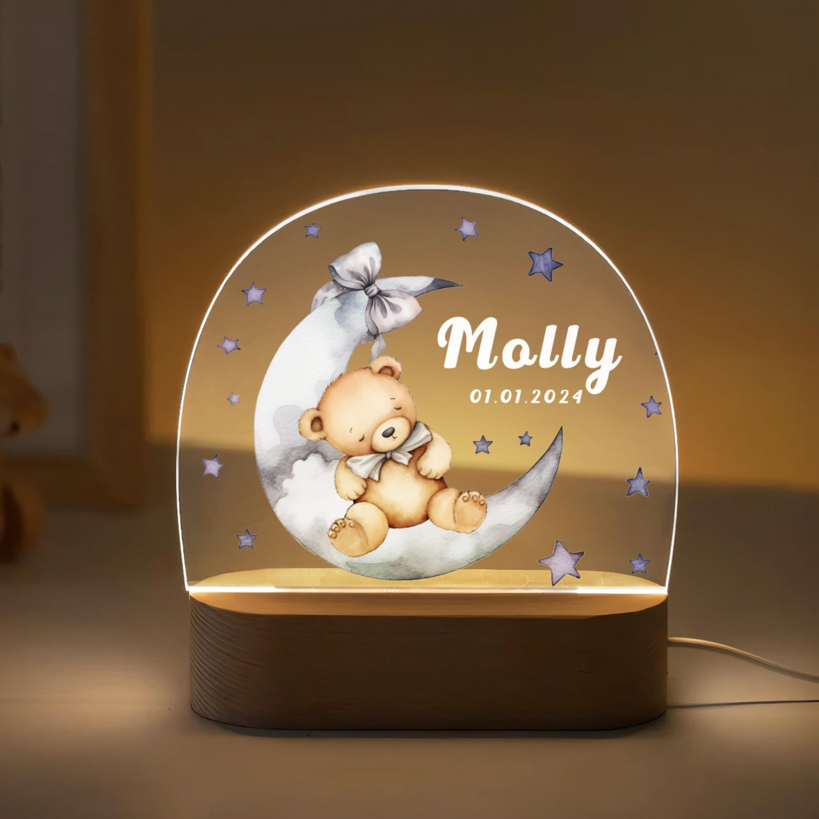 Goodqueen Custom Moon and Bear Acrylic Night Light Lamp, Personalized Name Moon and Stars, USB Wood Base, Newborns Kids Gift, Color Changing, Art Deco