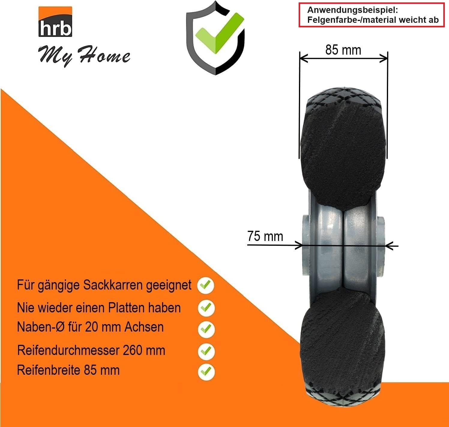 HRB PU Sackkarrenrad, 2 Stück Vollgummireifen mit Kugellager und Kunststofffelge, pannensicher Sackkarenreifen, Vollgummi Ersatzrad Sackkarre, 100 Kg Traglast pro PU Rad