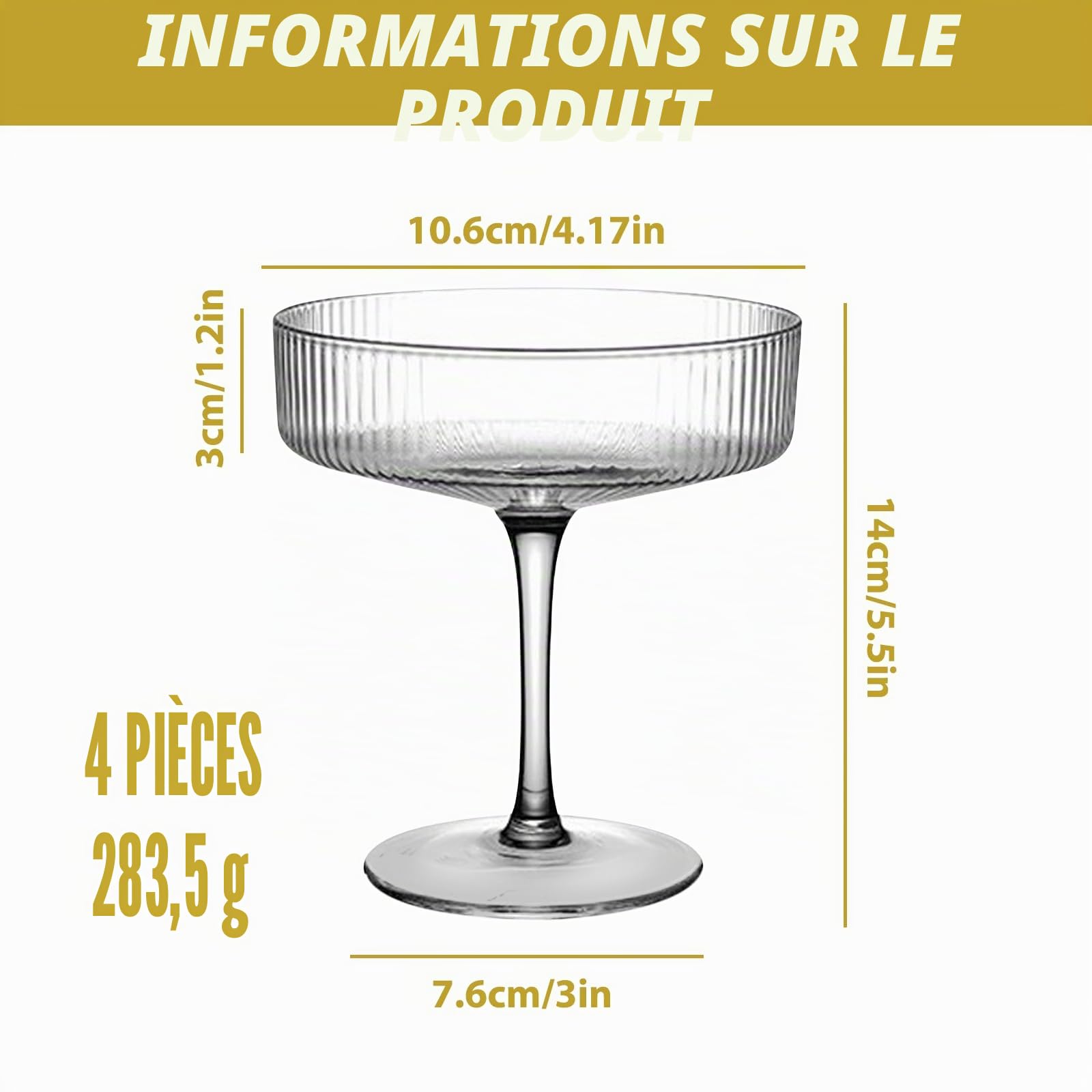 Lot de 4 verres à cocktail Martini - Style vintage - À long pied - Pour expresso, martini, champagne, cocktail - 300 ml