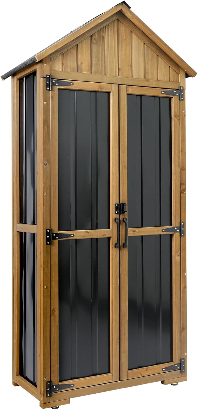 Outdoor Storage Cabinet with Waterproof Roof, Garden Tool Shed with 6 T-Hinge, 4 Reinforced feet with Metal Brackets and 6 Adjustable feet, 3 Removable Shelves, 13.2X 31x 67IN