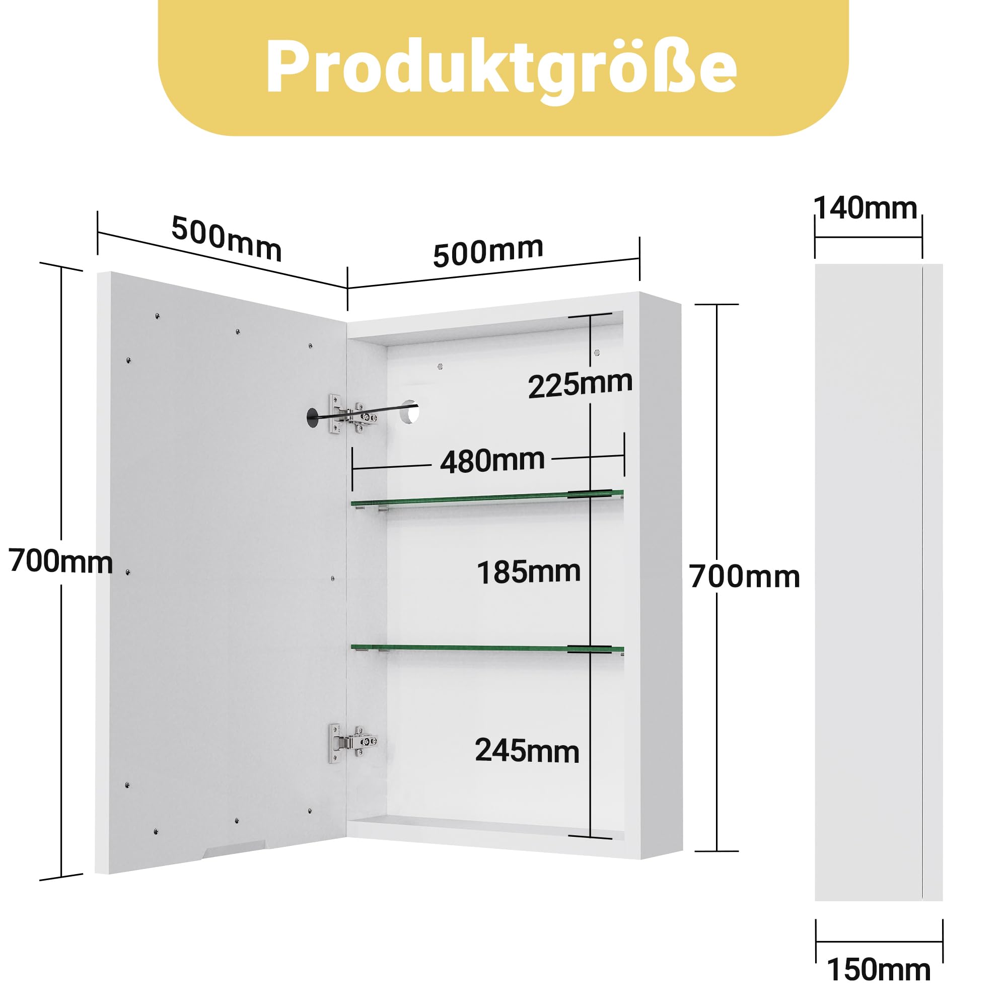 Espejo de baño con iluminación, armario de baño de una puerta con luz y estantes ajustables, armario de baño, 70x50cm, espejo LED, IP54 a prueba de agua, control táctil, espejo de pared (blanco-una