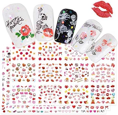 Valentine's Day Nail Art Stickers Decals Flowers Nail Supplies Love Heart Rose Lipstick Red Lips Design Nail Water Transfer Decals for Women Girls DIY Decoration Manicure Accessories(3 Big Sheets)