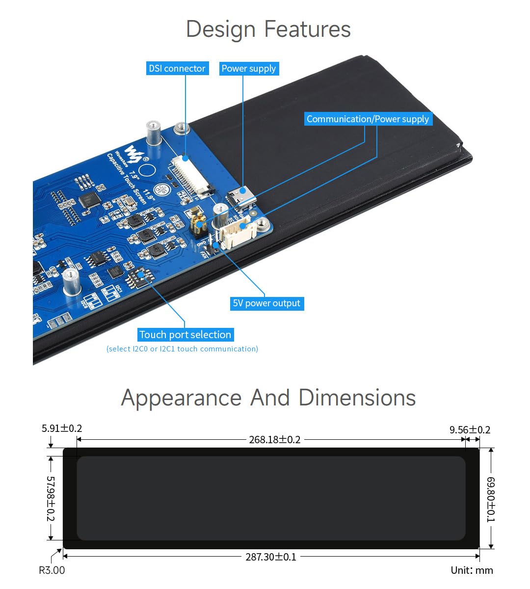 Waveshare 11.9inch IPS Capacitive Touch Control Panel Screen Compatible with Raspberry Pi 4B/3B+/3A+ 320×1480 Resolution DSI Interface LCD