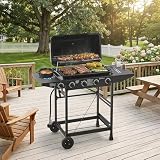 4-Burner Propane Gas Grills for Outdoor Cooking, 42000 BTU BBQ Portable Flat Top Grill Output Stainless Steel Barbecue Grill with Cabinet & Rolling Wheels and Side Tables (4 IN 1)