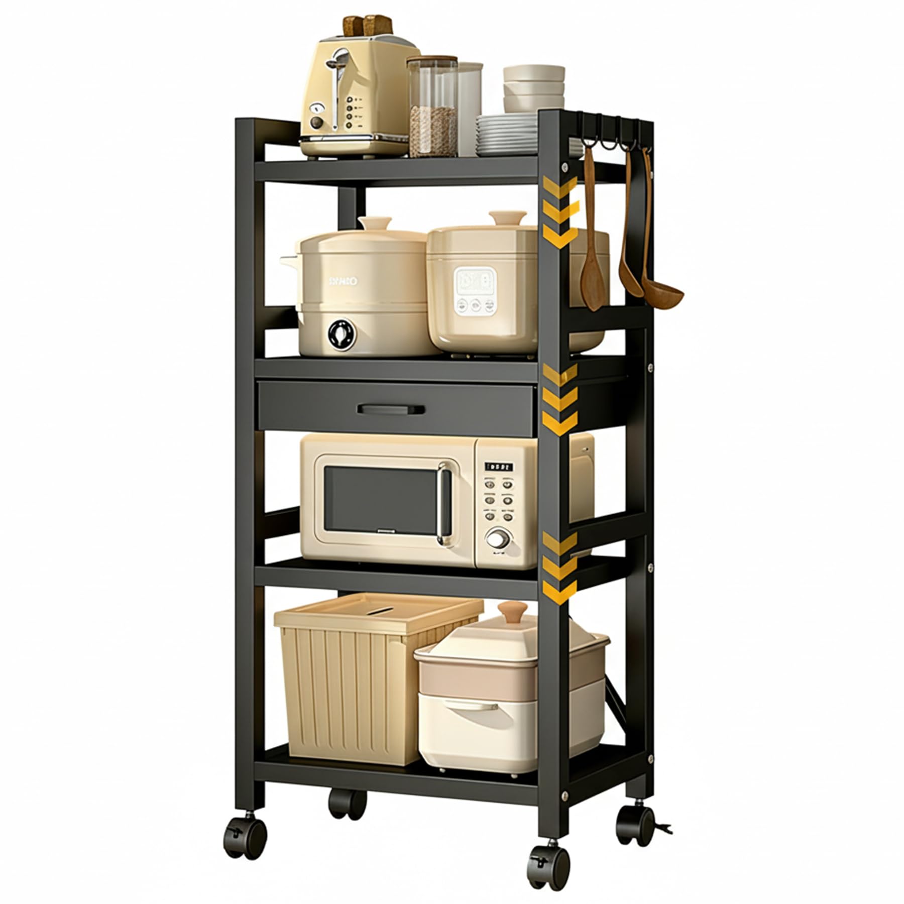 Kitchen Baker Rack, Range Rack, Range Rack, Drawer, Movable and Fixed 2 Functions, Kitchen Shelf, Kitchen Storage, Open Rack, Kitchen Storage, Multipurpose Kitchen Shelf, Abrasion Resistant, Durable Black 4段-幅50cm