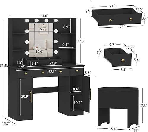 Miniatura 2 de Escritorio de tocador con espejo y luces, tocador de maquillaje negro con estación de carga y taburete, 3 cajones y armarios, espejo de tocador