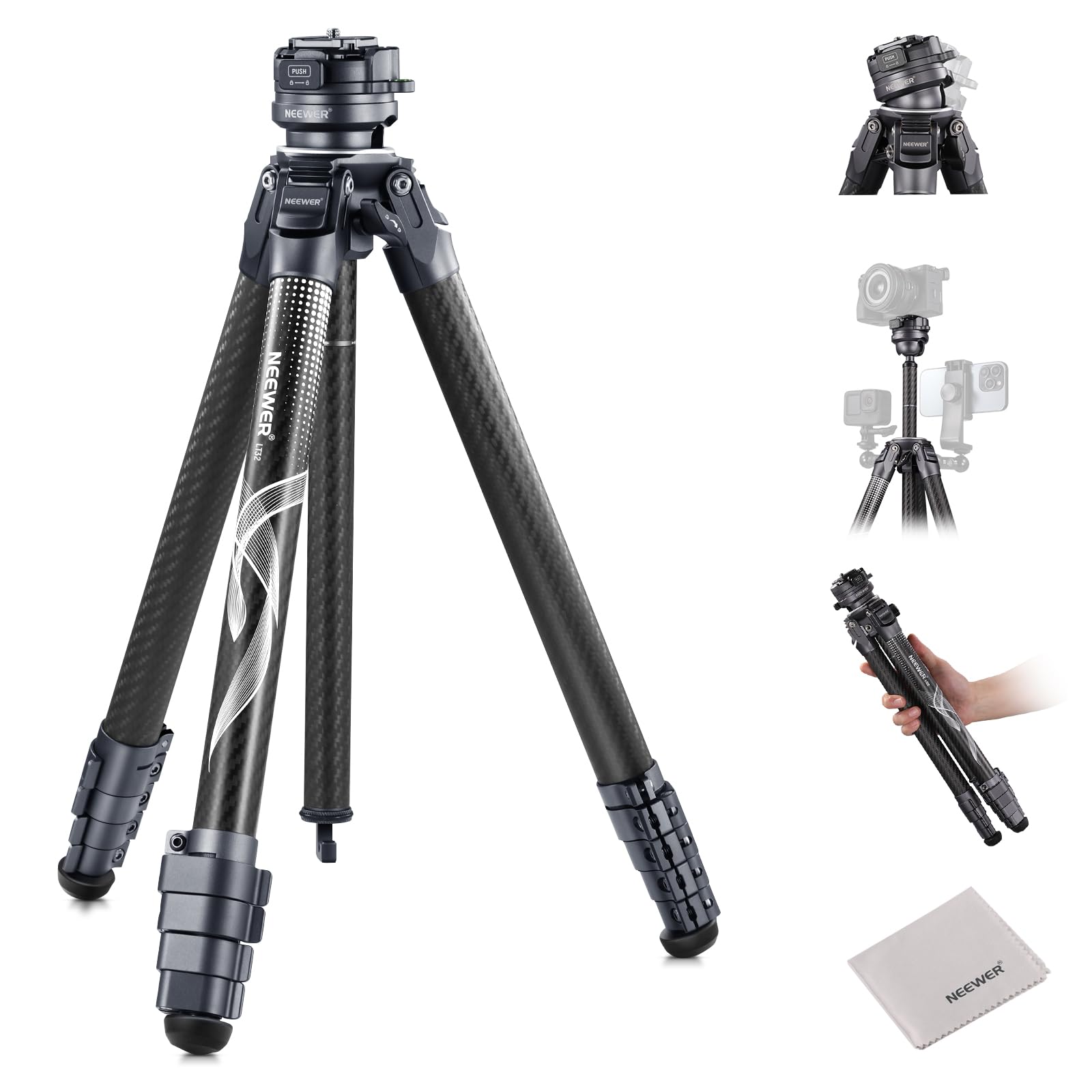 NEEWER LITETRIP LT32 Kamera Reisestativ, tragbarer Ständer aus Carbonfaser, Kugelkopf mit Mittelachse Klappverschluss Reinigungstuch Arca QR Platte kompatibel mit Peak Design Capture V3 (ehemals TP62)