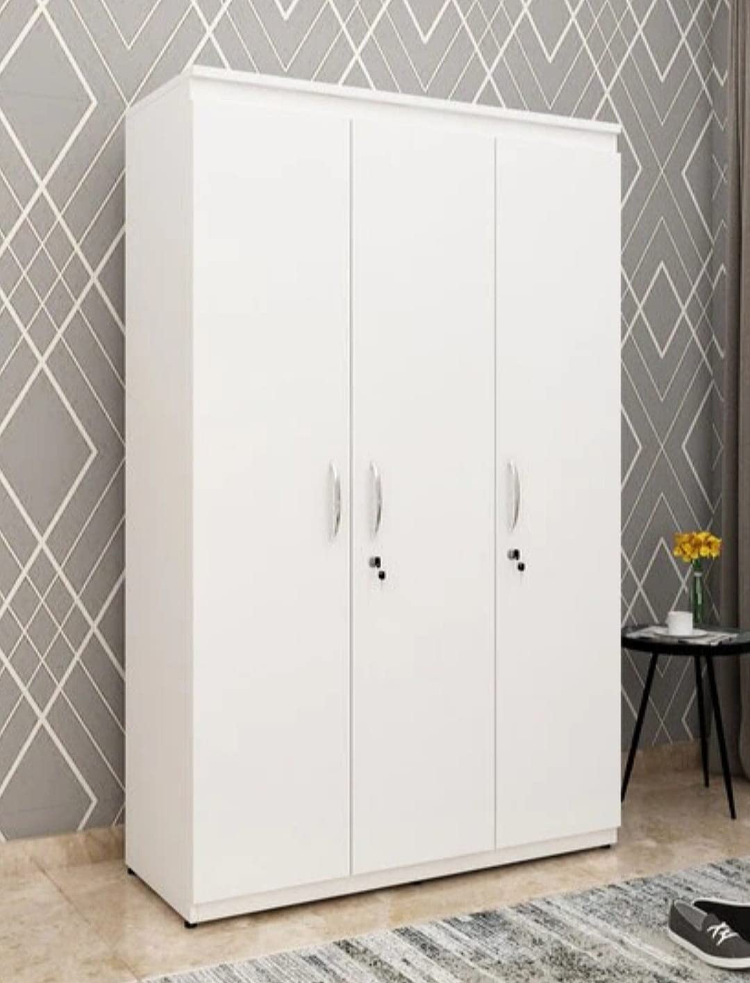 Hexagon Furnitures Engineered Wood 3 Door Wardrobe|High Glossy Frosty White|With Drawer And Hanging Space-image-49