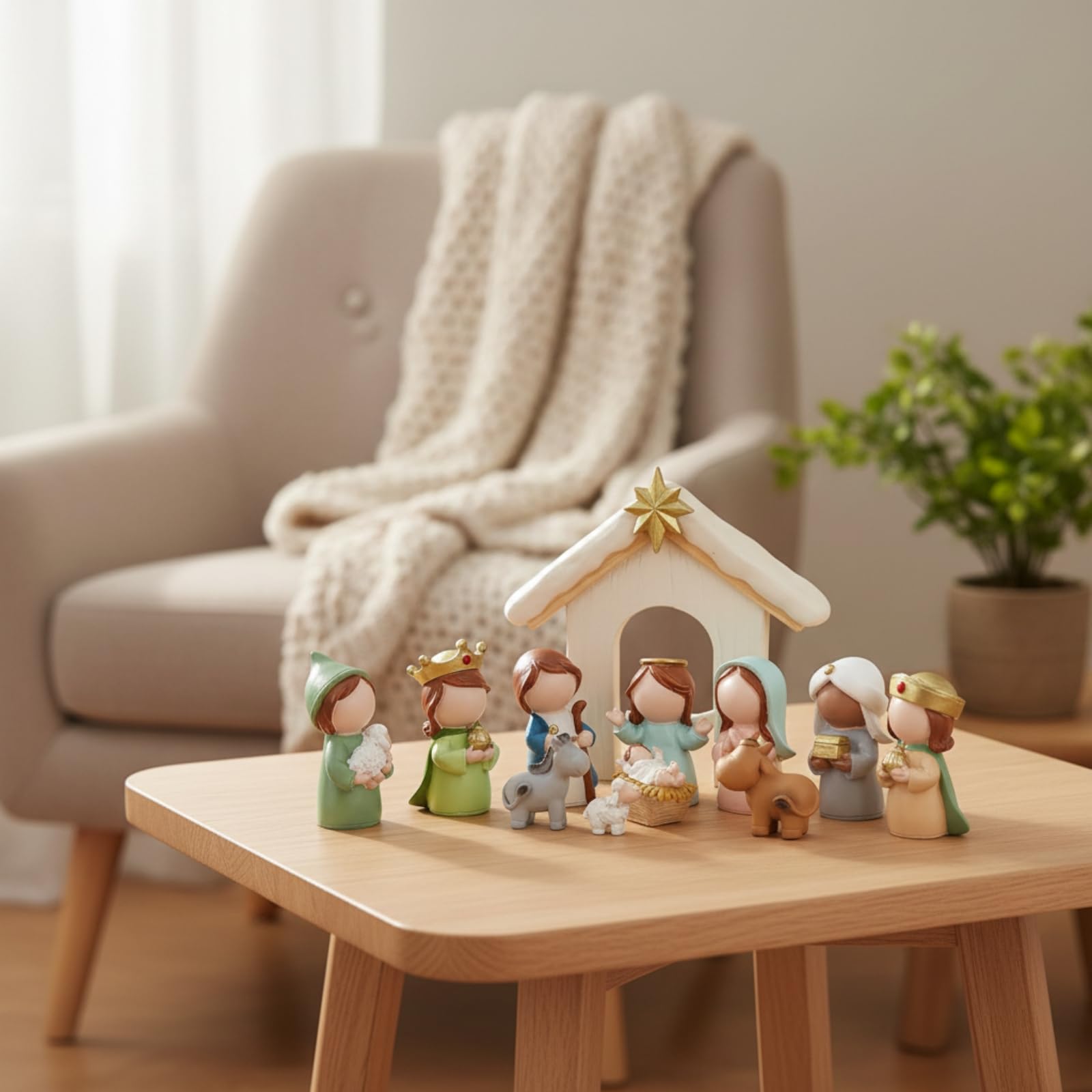 12 Pezzi Presepe in Resina Multicolore | Natalizio, Capanna Del Presepe, per Mensola, Caminetto, Collezionisti, Bianco