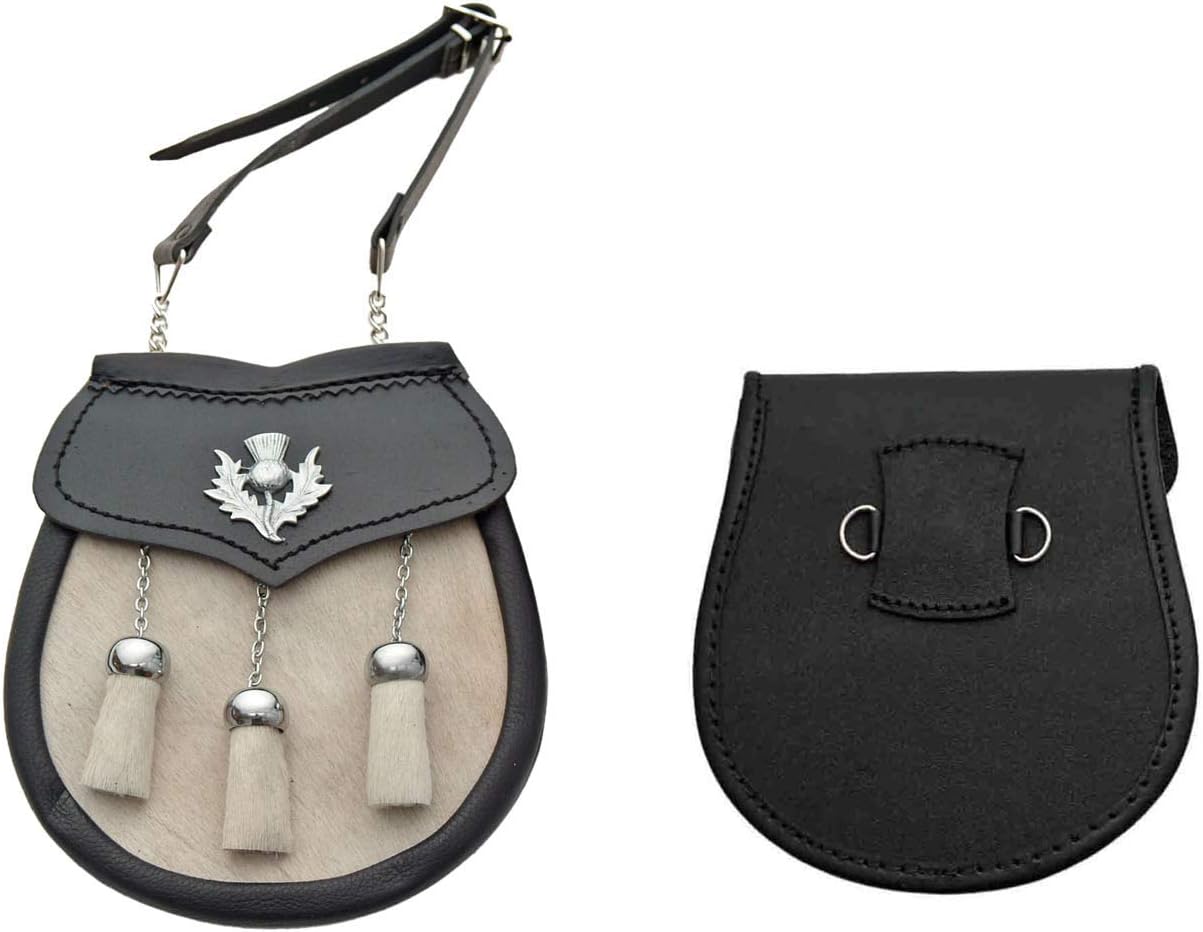 SZCO Medieval Sporran 8 Inch - White Cowhide Leather Pouch with 3 Tassels - Scottish Kilt Sporran with Chain Belt for Men - Medieval Bag for Costume & Renaissance Accessories