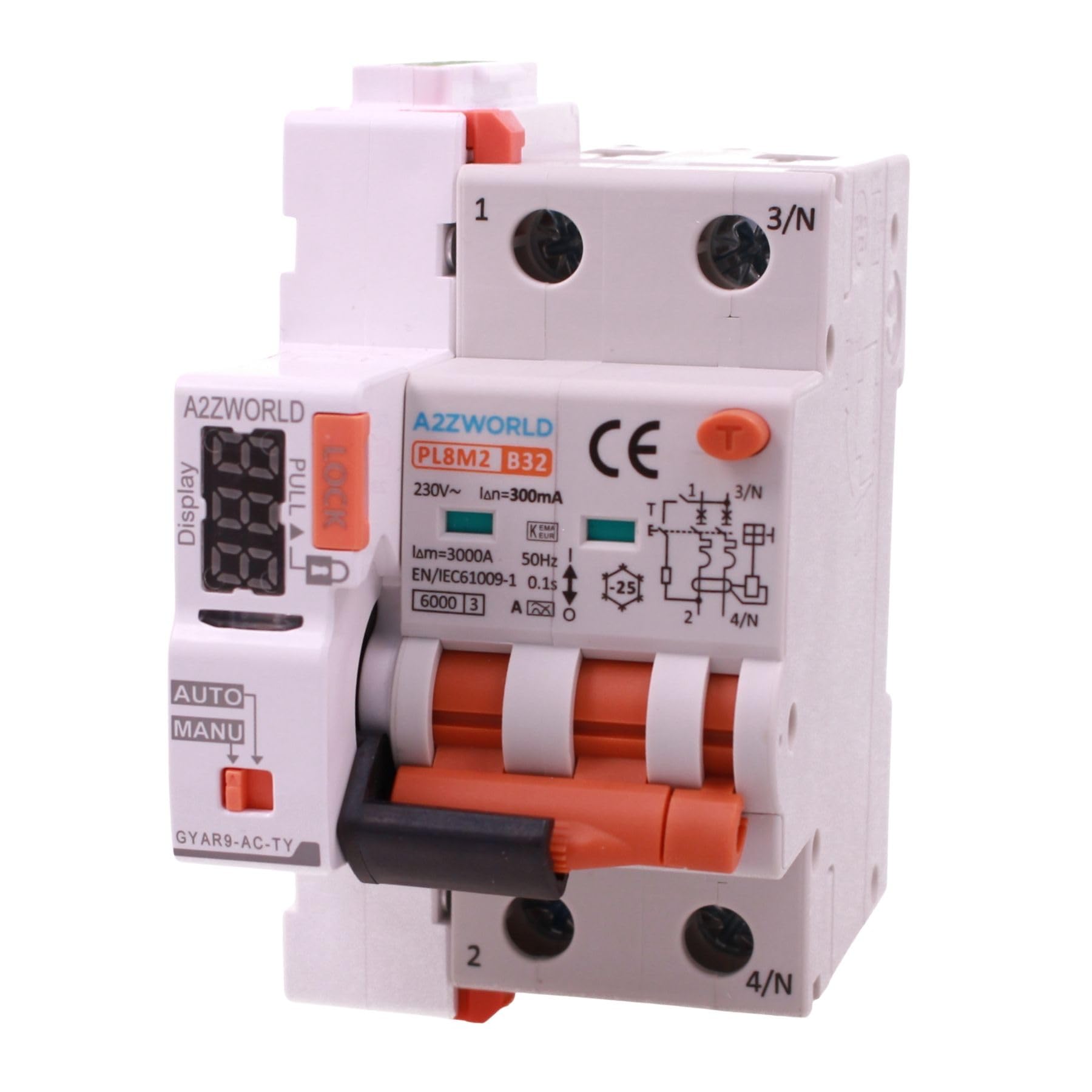 Interruttore Magnetotermico Differenziale WIFI Riarmo Automatico, RCBO Tipo A Curva B, Idn 300mA / 0.3A, In 32A, APP Tuya Smart Life, 2P Veri 6kA, 3 Moduli, Controllo Remote e Manuale