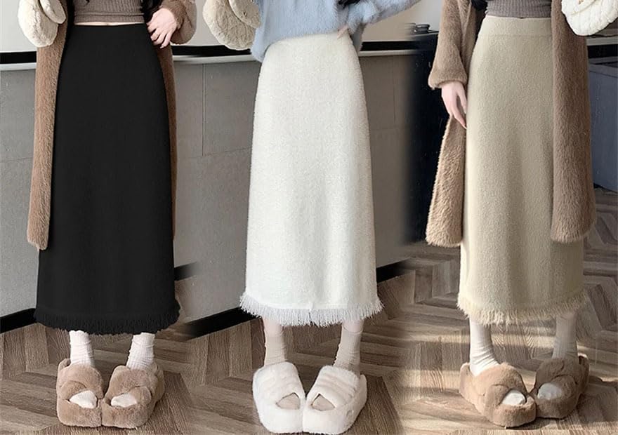 Women Vintage Tassel High Waist Party Long Skirt Fall Winter Straight Wrap Hip Knit Skirts2