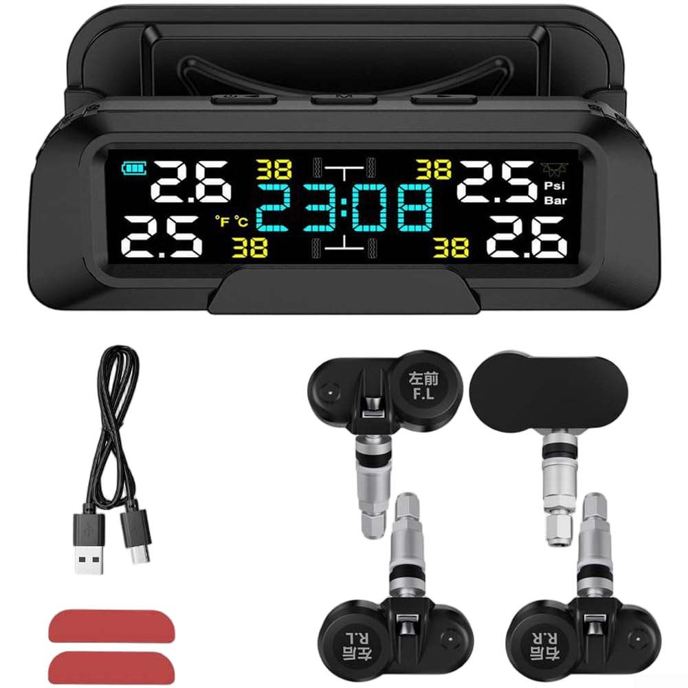 TPMS system kontroli ciśnienia w oponach, bezprzewodowy, wyświetlacz LCD, ładowanie przez USB, 4 opony, do samochodu, SUV (wbudowany)