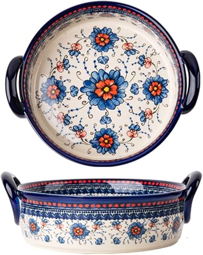 Bicuzat Cacerola de cerámica para hornear con diseño de flores azules y naranjas con asas para horno, cocinacocina, 1 unidad, 32 onzas