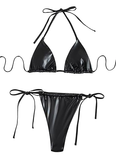SEGT Women's Sexy Thong Bikini Set PU Leather 2 Piece Halter Swimsuit Triangle String Bikini - Medium - Black