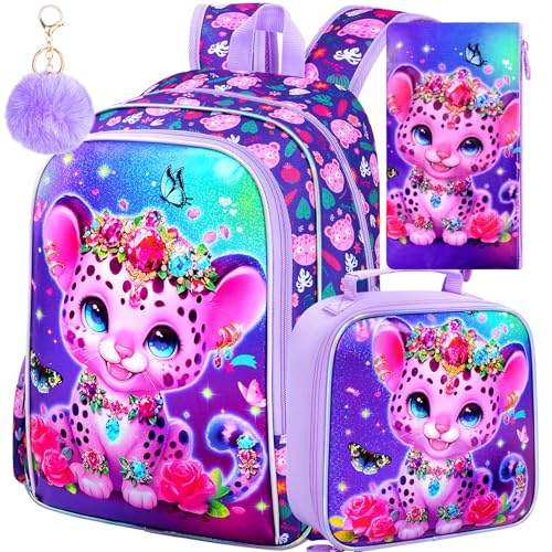 Image of 3Pcs Girls Backpack, 16 inch Kids Bookbag with Lunch Box，Leopard School Backpacks for Elementary Preschool Kindergarten (Purple)