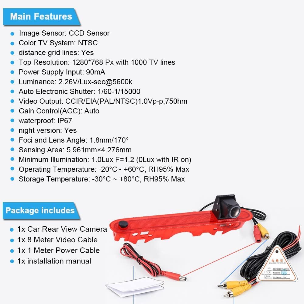 Moniteur LCD TFT 7 pouces + 1280 x 720 pixels dans le 3ème feu stop feu stop toit caméra de recul pour Renault Kangoo II 2007-2021/Mercedes Benz Citan Tourer W415 Micro Camper 2012-2021