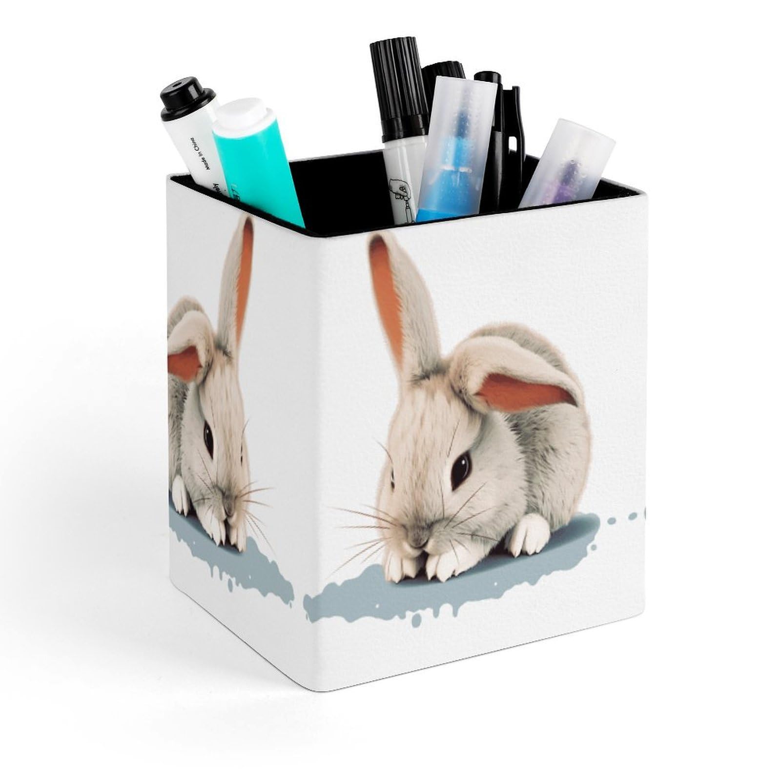 FekiLoot Cry Rabbit Pencil Holder for Desk Square Leather Pen Holder Cup Desktop Organizer Multi-Functional Pencil Cup Holders Modern Decorative Desk Organizer Caddy Makeup Brush Holders