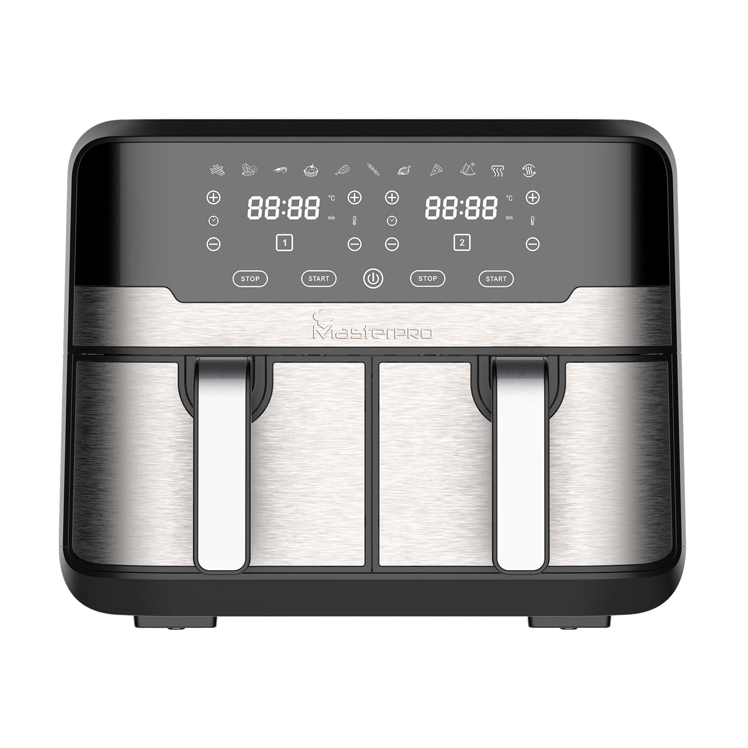 Bergner Master Pro Multifunctional Dual Air Fryer - Air Fry, Bake, Grill, Roast, Heat, Defrost, 4.5 Liters, 1700 W, LED Display With Touchscreen, 11 Customizable Programs With Accessories - Silver