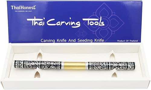 Miniatura 6 de Cuchillo tailandés para tallar frutas, hoja de doble cara de 2 pulgadas (curva y recta) con mango decorativo negro tailandés, herramienta de