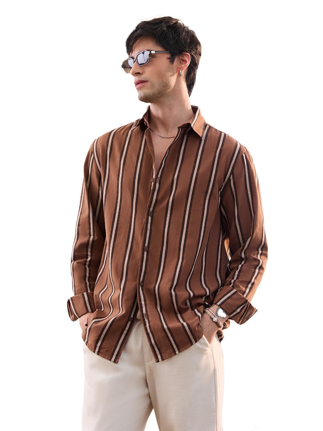the souled store Cotton Linen Stripes: Chestnut Men and Boys Long Sleeve Spread Collar Striped Casual Lightweight Everday Office Wear Streetwear Regular Fit Cotton Linen Shirt-picture-22