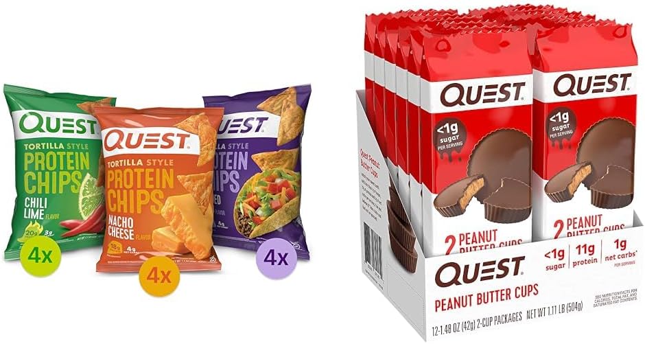 Quest Nutrition Tortilla Style Protein Chips Variety Pack & High Protein Low Carb, Gluten Free, Keto Friendly, Peanut Butter Cups, 12 Count (Pack of 1) (total- 17.76 Ounce)