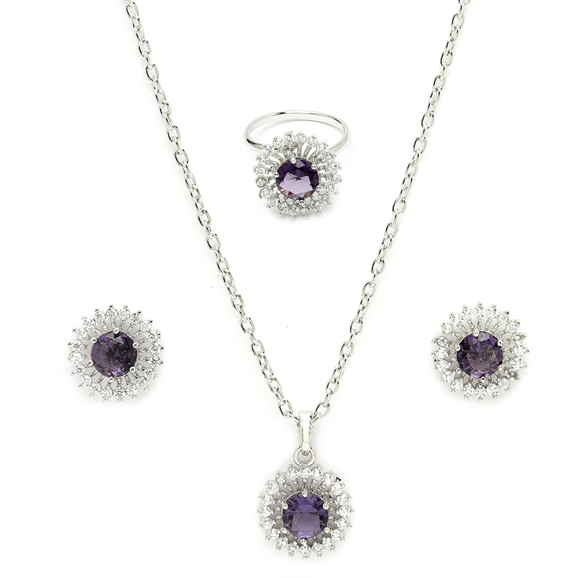 Silver Plated Luxury American Diamond Heart Crystal Pendant Ring & Earrings Combo Jewellery Set For Women | Pendant Gift for Rakhi Jewelry-image-8