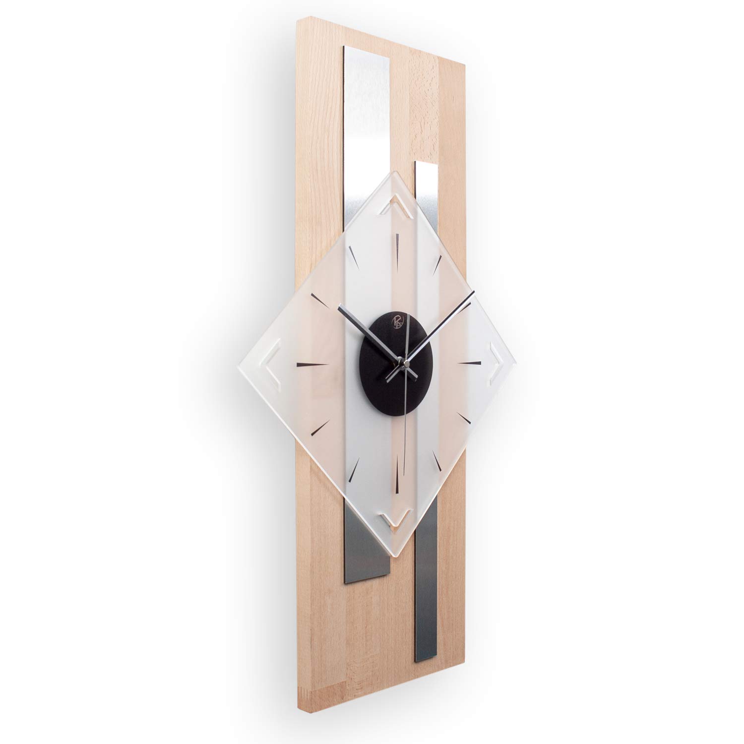 Kreative Feder Moderne Designer Holz Alu Wanduhr leise ohne Ticken 60x30cm (Buche, leises Quarzuhrwerk)