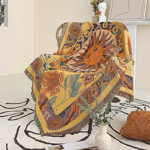 Shesyuki Boho Throw Blanket Reversible Cotton Bohemian Tapestry Hippie Room Decor Carpet Chair Couch Sofa Cover Outdoor Blanket Double Sided (National Sun Pattern Yellow 50"x60")