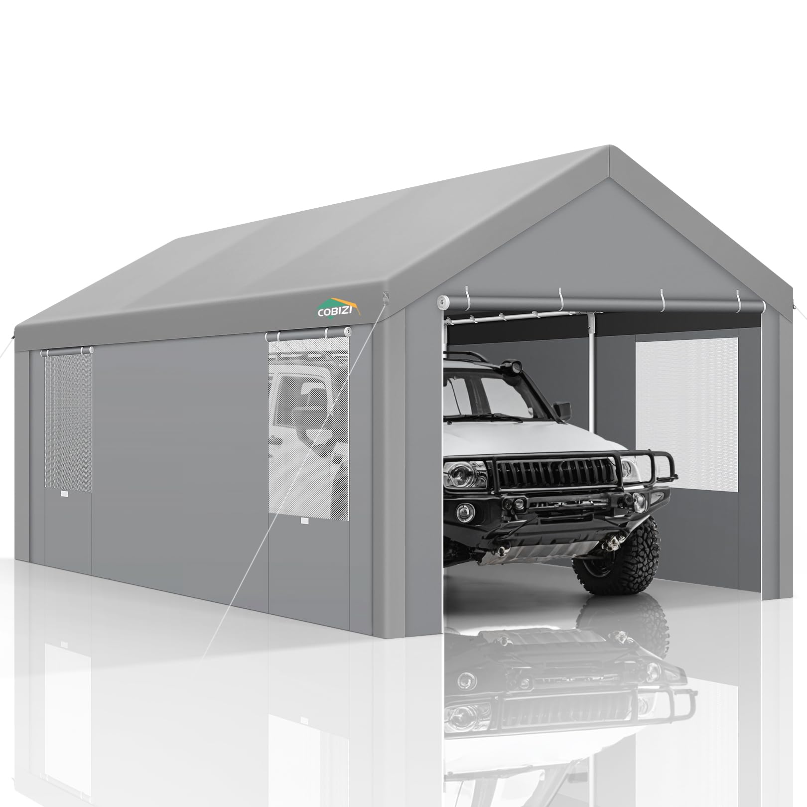 COBIZI Carports 10x20 Heavy Duty Car Canopy Garage with Removable Sidewalls & Doors, Galvanized Frame Portable Carport Canopy with Built-in Sandbags & All-Season Tarp for Car Boat Truck, Gray