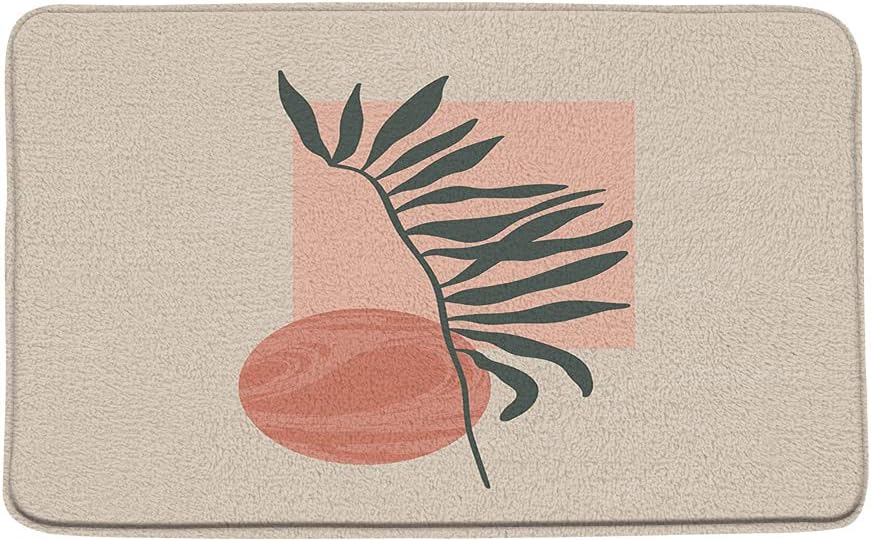 Mid Century Bath Mat Aesthetic Minimalist Contemporary Geometric Modern Abstract Sun Leaves Plant Art Bathroom Decor Microfiber Memory Foam Backing Bath Rugs 18x30 Inch and 16 x 48 Inch
