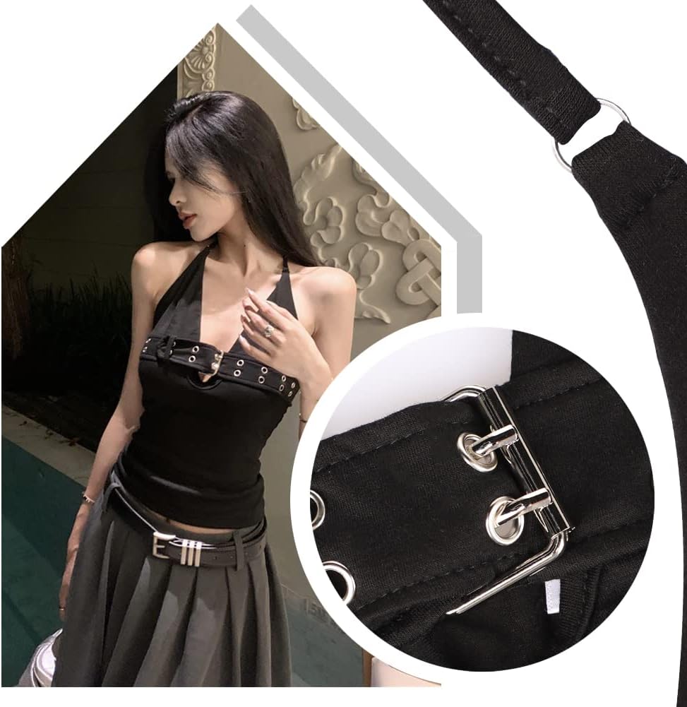 Women Halter Sexy Tank Top Punk Rock Backless Camisole Y2k V Neck Tie Back Going Out Vest 70s Disco Tops Black - Image 9