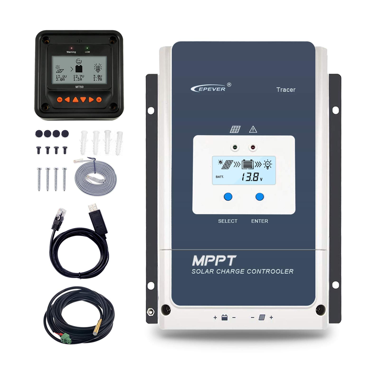 EPEVER 60A MPPT Solar Charge Controller 12V/24V/36V/48V Auto Max.PV 150V Input Negative Ground Solar Panel Charge Regulator with MT50 Remote Meter Temperature Sensor RTS & PC Communication Cable RS485-image-25