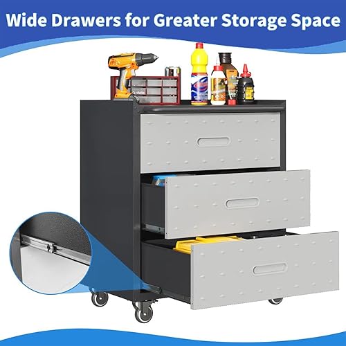 Miniatura 6 de Gabinete de almacenamiento de herramientas móvil de 3 cajones, caja de herramientas rodante resistente para organización de garaje, gabinetes de