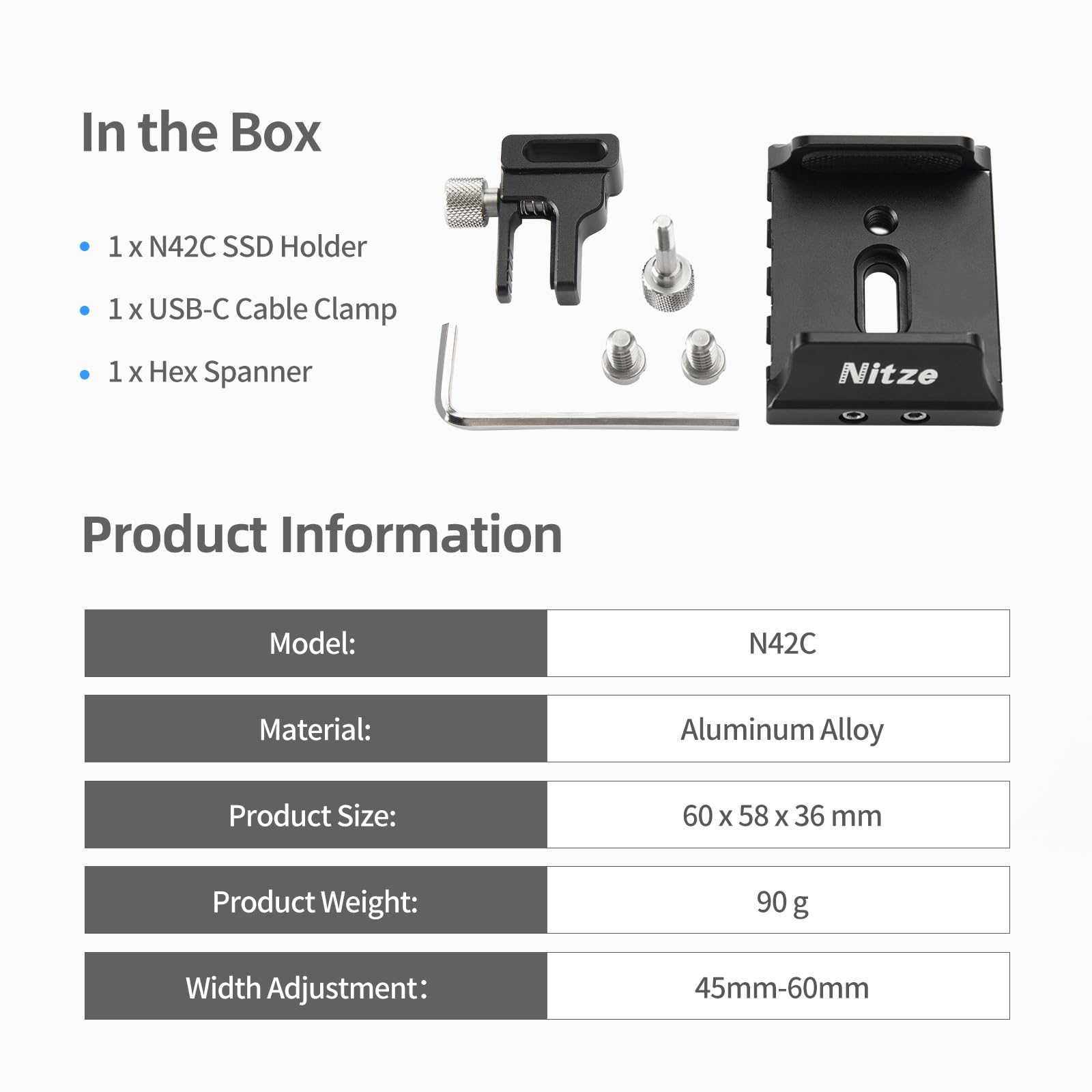 Nitze Support Universel SSD pour SSD Samsung T5 / T7 / T7 Shield / T9 et SSD SanDisk, Support de Montagt SSD avec Serre-câble USB-C, Compatible avec Les SSD de 45 à 60 mm de Large pour Cage- N42C