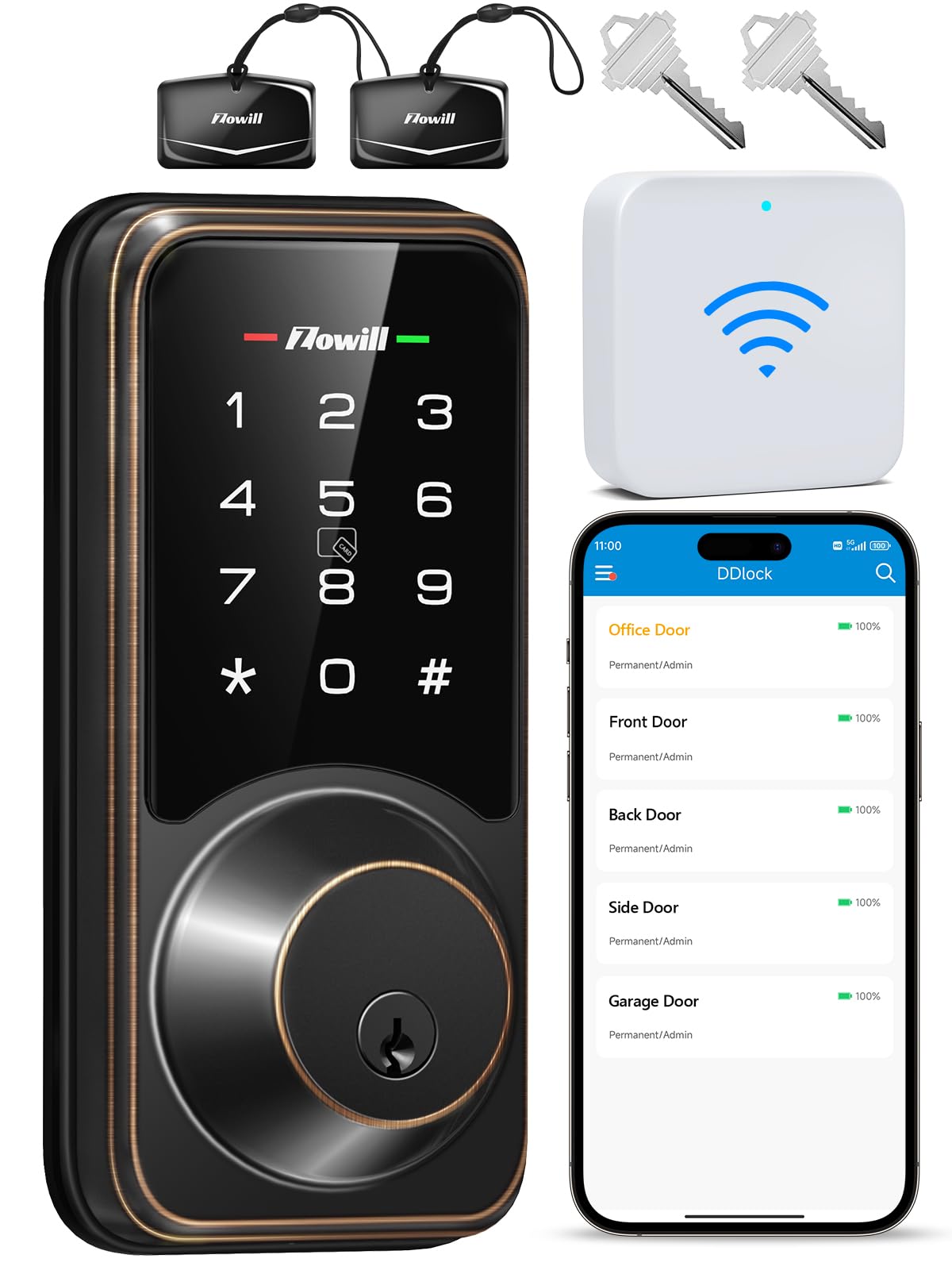 Zowill WiFi Smart Lock, Keyless Entry Door Lock with APP Control, Touchscreen Keypads, Auto Lock Smart Deadbolt for Front Door, Home, Airbnb(Included G2 Gateway)