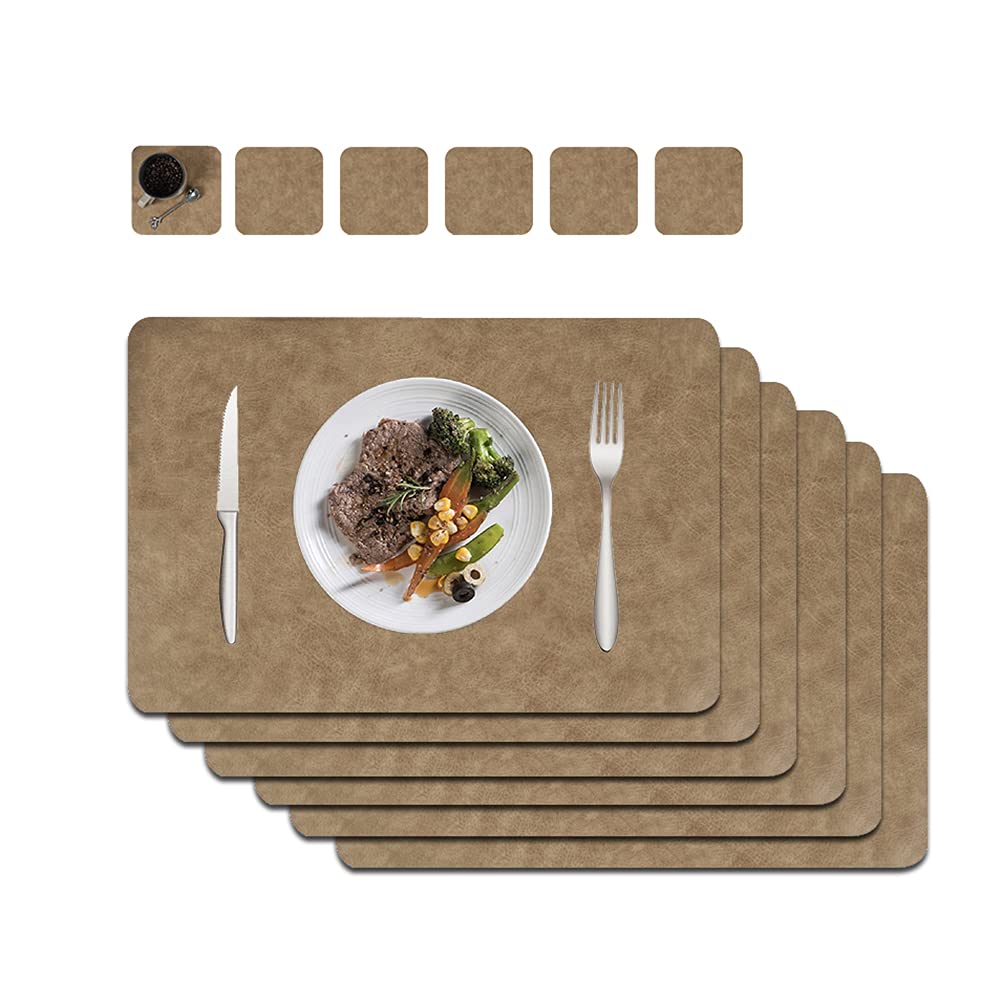 Placemats And Coaster Sets 6, Waterproof Non-Slip Place Mats Set Of 6 And Double Thickened Dining Table Mats, Washable Leather Coasters and Placemats for Dining Table (Yellow brown)