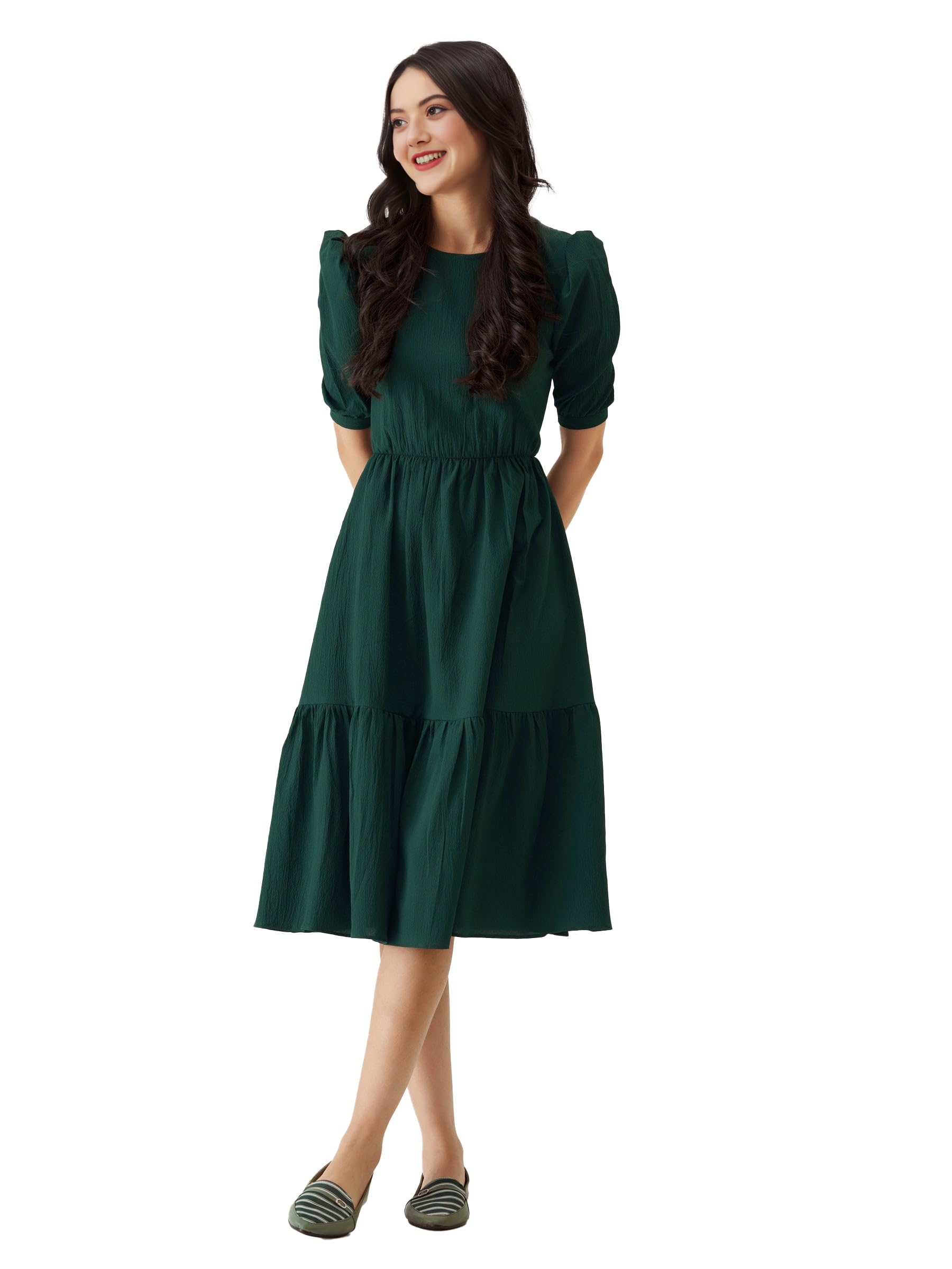 Solid Puff Sleeve Crepe Fit & Flare Midi Dress with Round Neck, Short Sleeves, Gathered Details, and Flared Hemline for Party Occasions-image-19