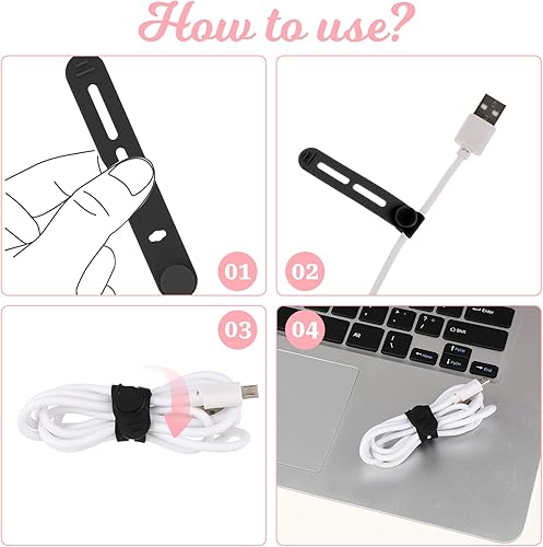 Miniatura 5 de Sujetacables reutilizables, 20 correas de cable multifuncionales de silicona ajustables, organizador de cables para cables de carga, auriculares,