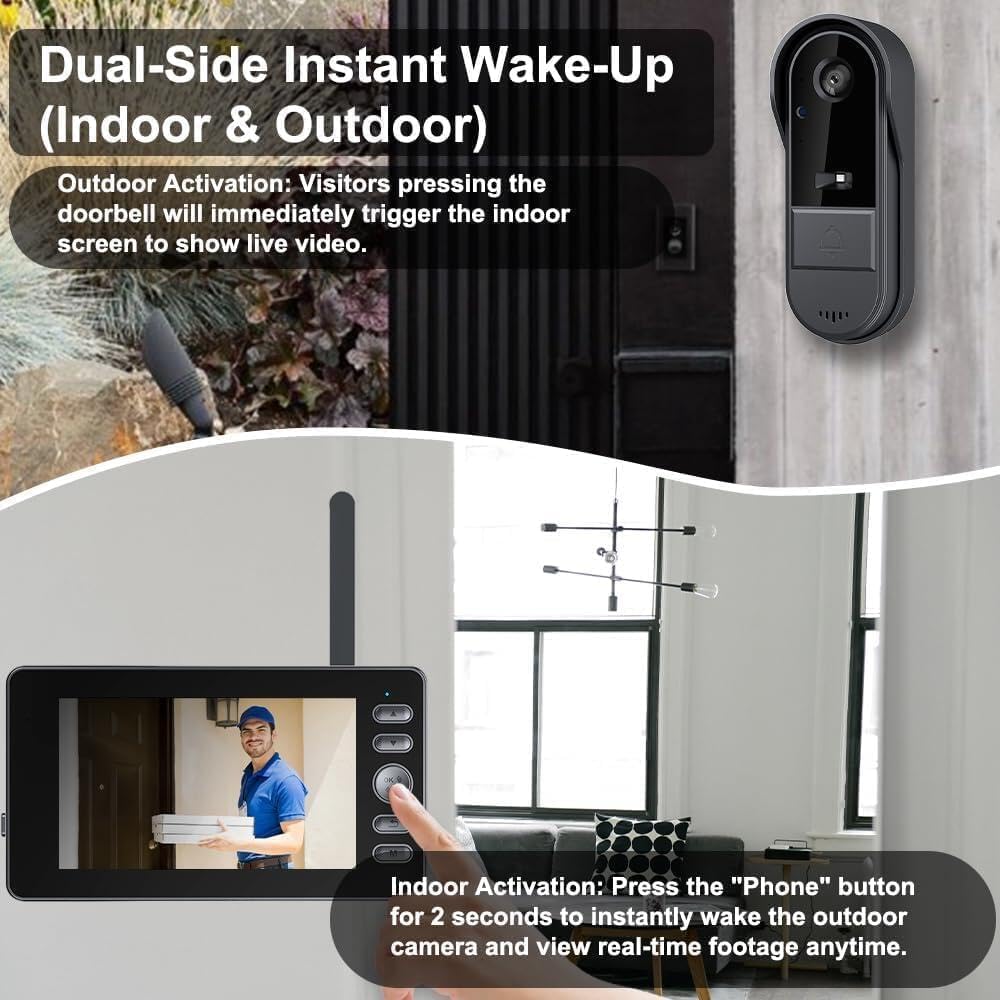 Sonnette Sans Fil Extérieure 1080P avec Caméra Écran IPS 4.3 Pouces Bluetooth Vision Nocturne Interphone Vidéo 120° Audio Bidirectionnel IP65