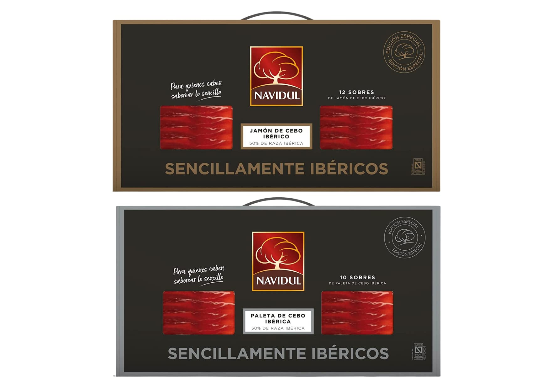 Navidul Pack Maletín de Jamón de Cebo Ibérico (50% raza ibérica) 10x70g 700 gr y Maletín de Paleta de Cebo Ibérica (50% raza ibérica) freshpack envasado al vacío - 10x70g, Total 700gr